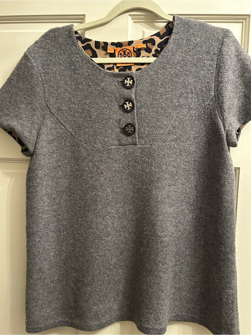 Tory Burch Gray Short Sleeve Wool-Blend Top with Logo Buttons